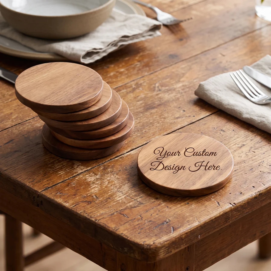 Personalized wooden coasters arranged on a dining table