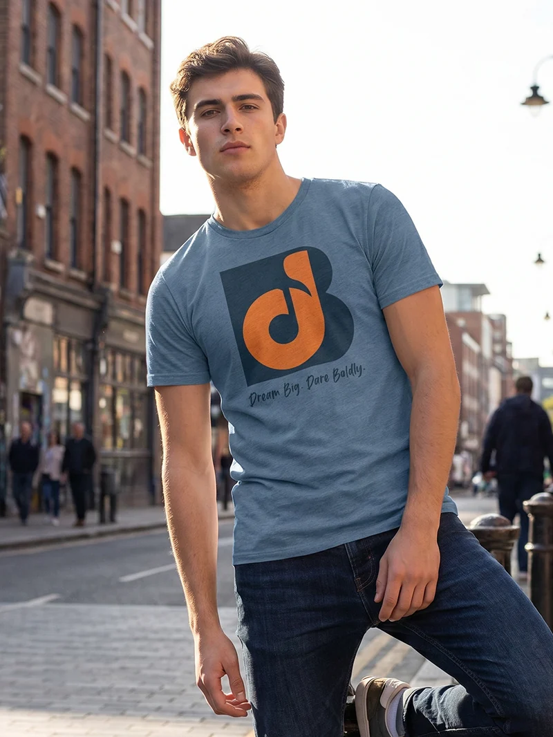 Model wearing a custom blue T-shirt